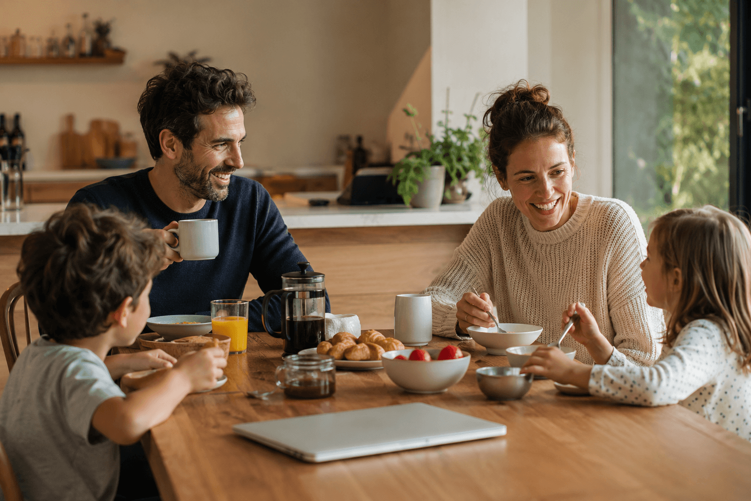 Familia desayunando juntos, con el portátil cerrado sobre la mesa